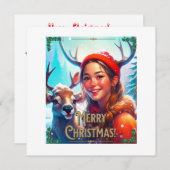 MERRY CHRISTMAS REINDEIN MIT GLÜCKLICHEM MÄDCHEN EINLADUNG (Vorne/Hinten)