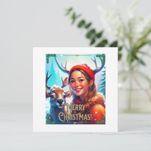 MERRY CHRISTMAS REINDEIN MIT GLÜCKLICHEM MÄDCHEN EINLADUNG (Stehend Vorderseite)