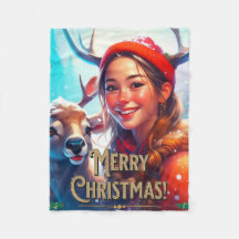 MERRY CHRISTMAS REINDEIN MIT GLÜCKLICHEM MÄDCHEN