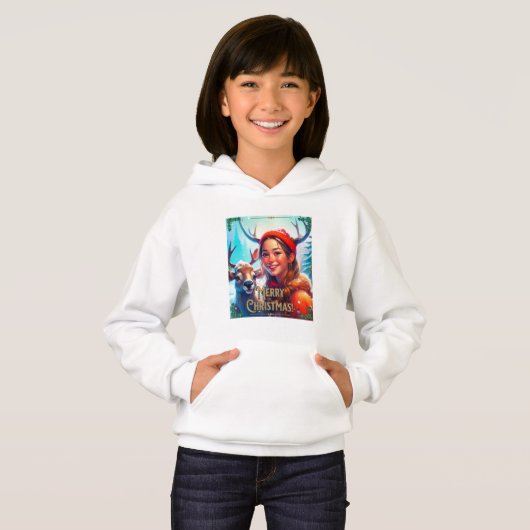 MERRY CHRISTMAS REINDEIN MIT GLÜCKLICHEM MÄDCHEN HOODIE (Vorne ganz)
