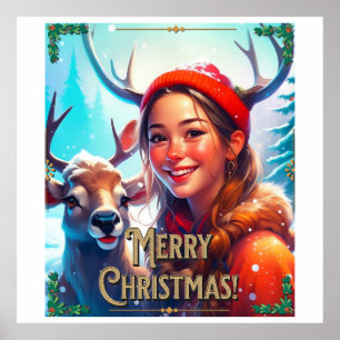 MERRY CHRISTMAS REINDEIN MIT GLÜCKLICHEM MÄDCHEN POSTER