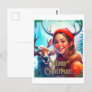 MERRY CHRISTMAS REINDEIN MIT GLÜCKLICHEM MÄDCHEN POSTKARTE