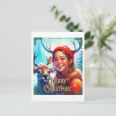 MERRY CHRISTMAS REINDEIN MIT GLÜCKLICHEM MÄDCHEN POSTKARTE (Stehend Vorderseite)