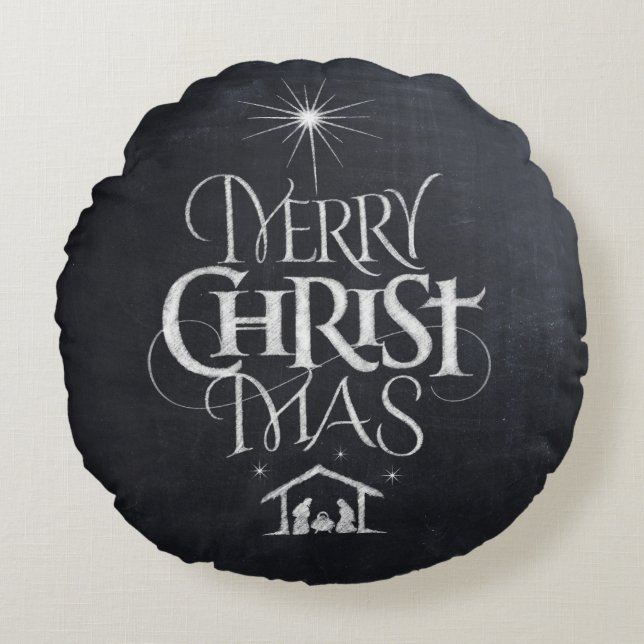 Merry CHRISTmas Religious Chalkboard Nativity Rundes Kissen (Vorderseite)