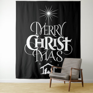 Merry CHRISTmas Religious Decotation Schwarz-weiß Wandteppich