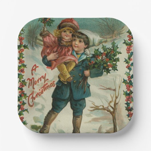 Merry Christmas - retro postcard, children, holly Pappteller (Vorderseite)