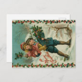 Merry Christmas - retro postcard, children, holly Postkarte (Vorne/Hinten)