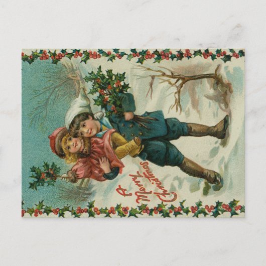 Merry Christmas - retro postcard, children, holly Postkarte (Vorderseite)