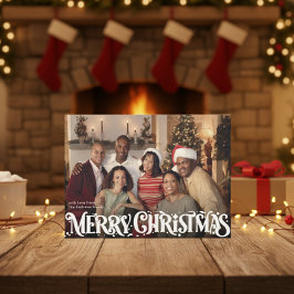 Merry Christmas Retro Script | Custom Four-Photo Feiertagskarte