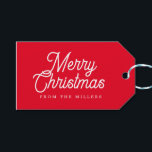 MERRY CHRISTMAS RETRO WEISSE TYPOGRAPHIE AUF RED GESCHENKANHÄNGER<br><div class="desc">Fröhliche Weihnachten kehrte Farben um,  Retrorot und weiß anpassbare Typografie auf einem weißen und roten Hintergrund.</div>