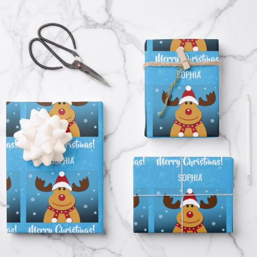 Merry Christmas Rudolph Reindeer Personalisierter Geschenkpapier Set (Vorderseite)