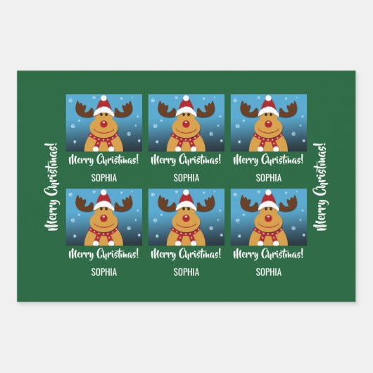Merry Christmas Rudolph Reindeer Personalisierter  Geschenkpapier Set (Vorderseite 2)