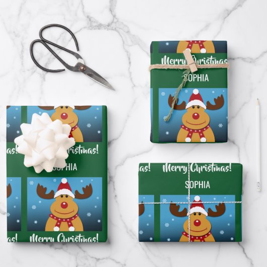 Merry Christmas Rudolph Reindeer Personalisierter  Geschenkpapier Set (Vorderseite)