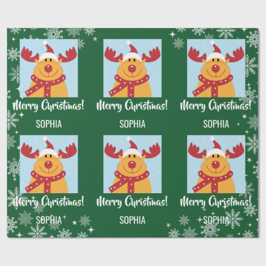Merry Christmas Rudolph Reindeer Personalize Name Geschenkpapier (Flach)