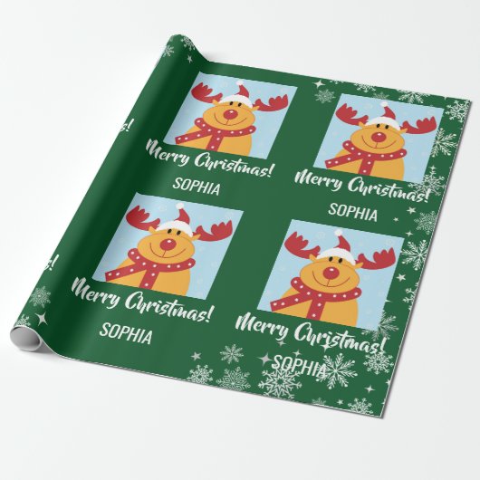 Merry Christmas Rudolph Reindeer Personalize Name Geschenkpapier (Ungerollt)