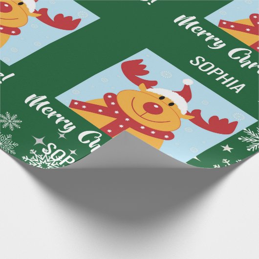 Merry Christmas Rudolph Reindeer Personalize Name Geschenkpapier (Ecke)