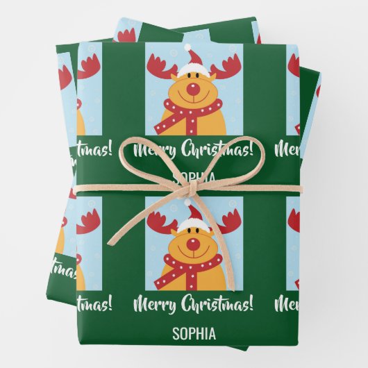 Merry Christmas Rudolph Reindeer Personalize Name Geschenkpapier Set (Beispiel)