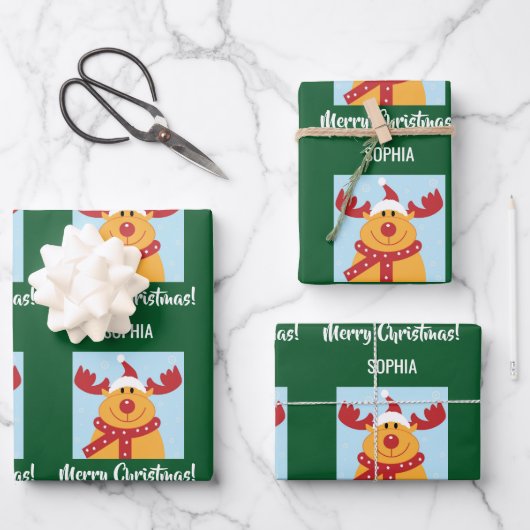 Merry Christmas Rudolph Reindeer Personalize Name Geschenkpapier Set (Vorderseite)