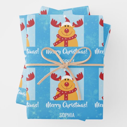 Merry Christmas Rudolph Reindeer Personalize Name Geschenkpapier Set (Beispiel)
