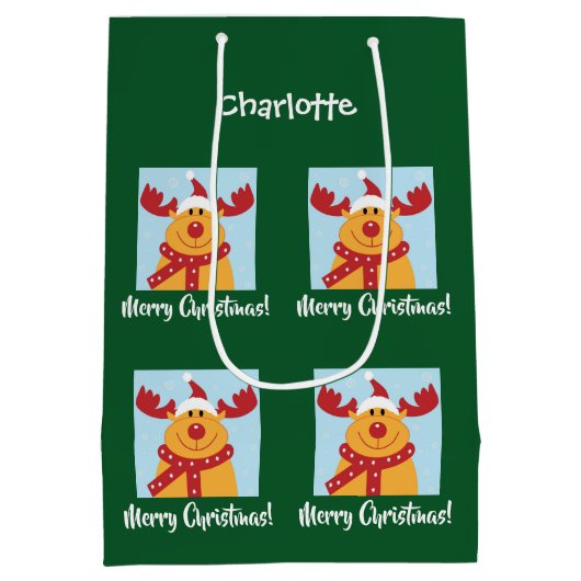 Merry Christmas Rudolph Reindeer Personalize Name Mittlere Geschenktüte (Rückseite)