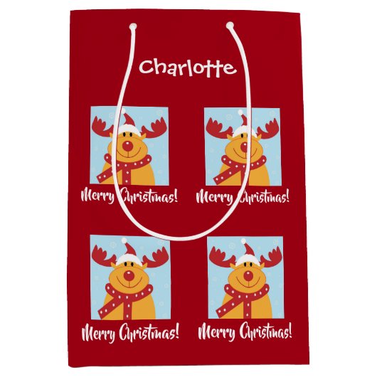 Merry Christmas Rudolph Reindeer Personalize Name Mittlere Geschenktüte (Vorderseite)