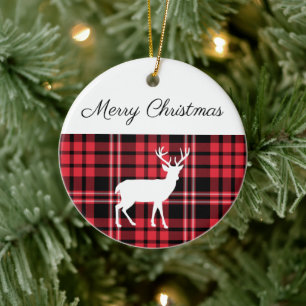 Merry Christmas Rustic Red Plaid White Stag Keramik Ornament
