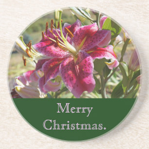 Merry Christmas sandstone Coasters Pink Lilies Getränkeuntersetzer