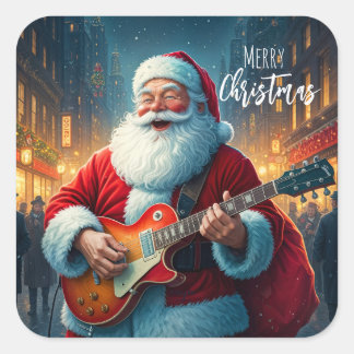 Merry Christmas Santa Clause Playing Guitar Quadratischer Aufkleber