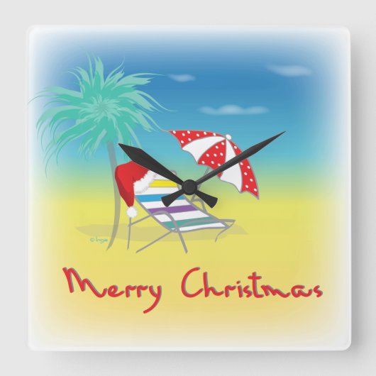 Merry Christmas, Santa Hat, Palm Tree, Beach Quadratische Wanduhr (Vorderseite)