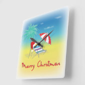 Merry Christmas, Santa Hat, Palm Tree, Beach Quadratische Wanduhr (Winkel)