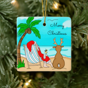 Merry Christmas Santa on Beach with Reindeer  Keramikornament