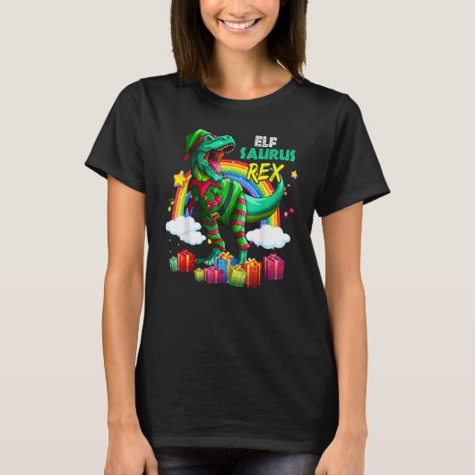 Merry Christmas Santa Rainbow Elf Saurus Rex T-Shirt (Vorderseite)