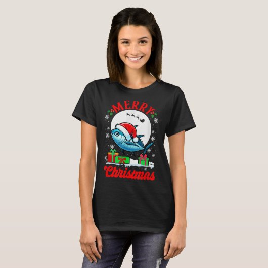 Merry Christmas Santa Tuna Xmas Box Funny Fishing T-Shirt (Vorne ganz)