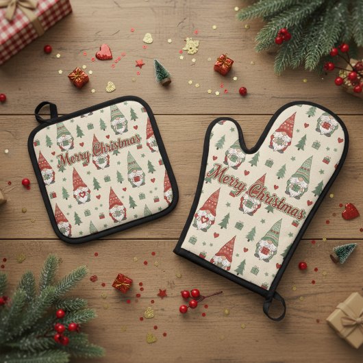 Merry Christmas Scandinavian Gnome Ofenhandschuh & Topflappen-Set