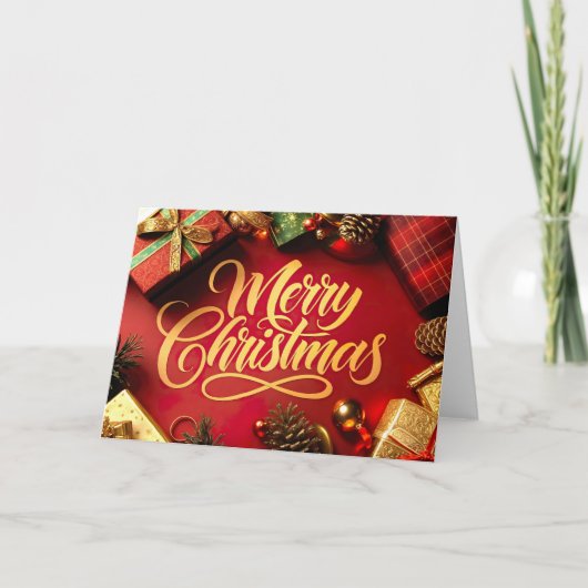  "Merry Christmas" Schrift mit Geschenken & Zapfen Dankeskarte (Vorderseite)