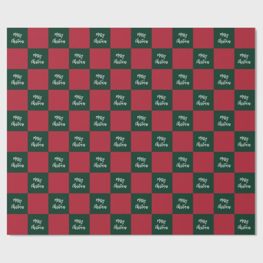 Merry Christmas Script Green and Red Checkerboard Geschenkpapier (Flach)