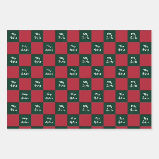 Merry Christmas Script Green and Red Checkerboard Geschenkpapier Set (Vorderseite 2)