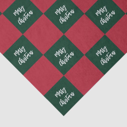 Merry Christmas Script Green and Red Checkerboard Seidenpapier (Detail)