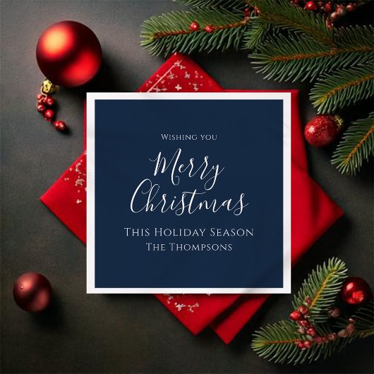 Merry Christmas Script Navy Blue Custom Serviette