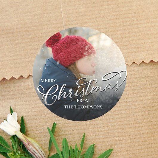 Merry Christmas Script Photo Custom Runder Aufkleber