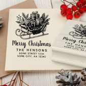 Merry Christmas Script Santa Sleigh Family Address Gummistempel