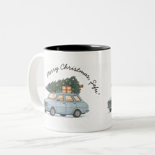 Merry Christmas Șefu’ Dacia 1300 Romanian Holiday Zweifarbige Tasse (Vorderseite Links)