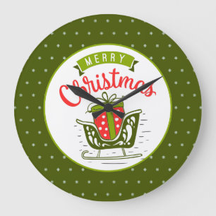 Merry Christmas Sleigh Red Green Snowflake Pattern Große Wanduhr
