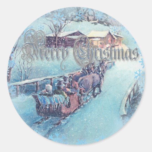 MERRY CHRISTMAS SLEIGH REISE VON SHARON SHARPE RUNDER AUFKLEBER (Vorderseite)