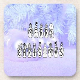 Merry Christmas Snow People Font Blue Tint Snow Getränkeuntersetzer