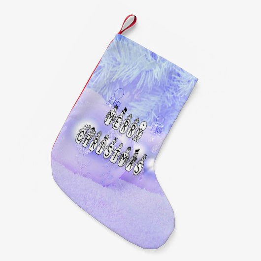 Merry Christmas Snow People Font Blue Tint Snow Kleiner Weihnachtsstrumpf (Vorderansicht (hängend))