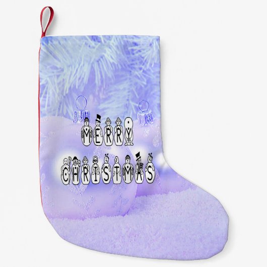 Merry Christmas Snow People Font Blue Tint Snow Kleiner Weihnachtsstrumpf (Vorderseite)