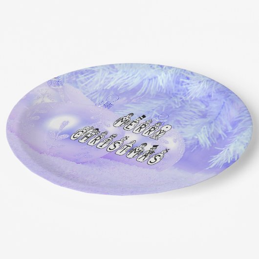 Merry Christmas Snow People Font Blue Tint Snow Pappteller (Schrägansicht)
