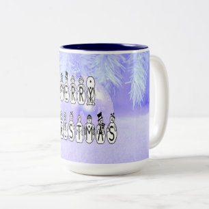 Merry Christmas Snow People Font Blue Tint Snow Zweifarbige Tasse