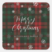 Merry Christmas Snowflakes Plaid Script Custom Quadratischer Aufkleber (Vorderseite)